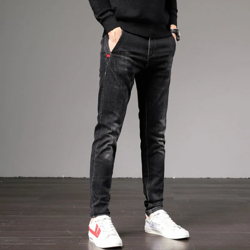 Stretch Slim Fit Pants Men's Winter Plush tjocka varma jeans 210318