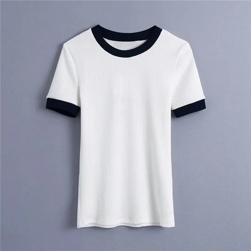 Весна белый вязаный топ женские футболки женщины с коротким рукавом базовый повседневная мода контрастный ребра женщина 210519