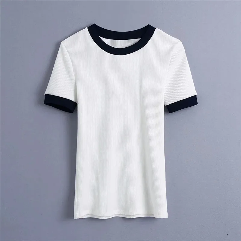 Spring White Knitted Top Woman T-Shirts Women Short Sleeve Basic Casual Fashion Contrast Rib Female 210519