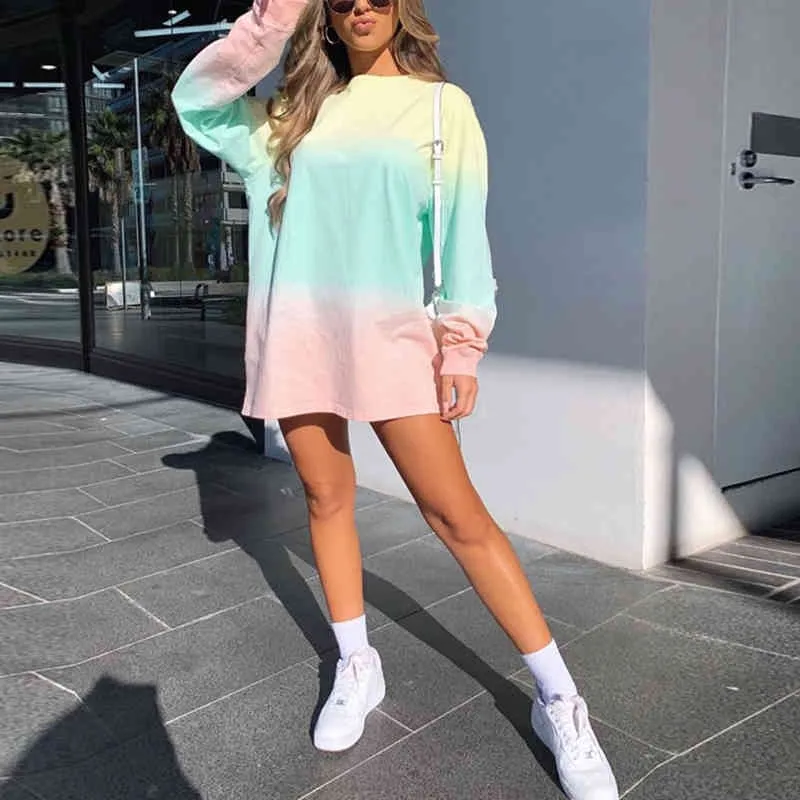 Casual Fashion Women Tie Dye Sweatshirt Tops Gradient Contrast Color Long Sleeve Round Collar Full Loose Pullover T Shirt 210517