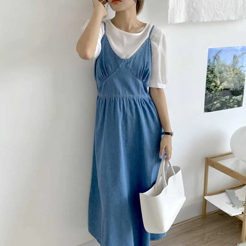 Korejpaa vestido de mulheres conjuntos verão coreano chique simples selvagem frouxo bolha camisa de manga bolha e v-pescoço Denim sling vestido longo saia 210526