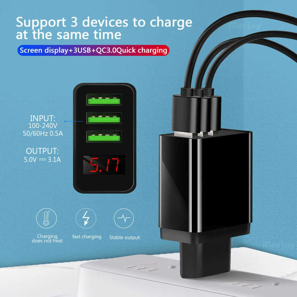 Voiture 5V 3.1A affichage chargeur USB pour iPhone chargeur 3 Ports charge rapide chargeur de téléphone mural pour iPhone Samsung Xiaomi adaptateur USB