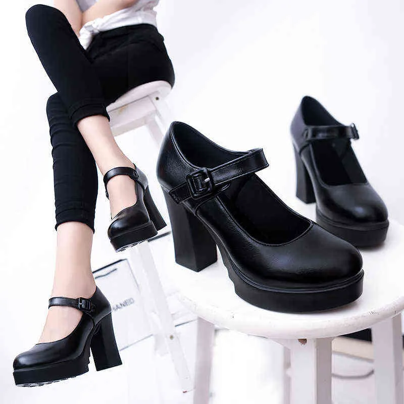 Chaussures habillées nouveauté femmes pompes classiques printemps été en cuir noir Mary Jane talons mode boucle plate-forme femme A046 220303