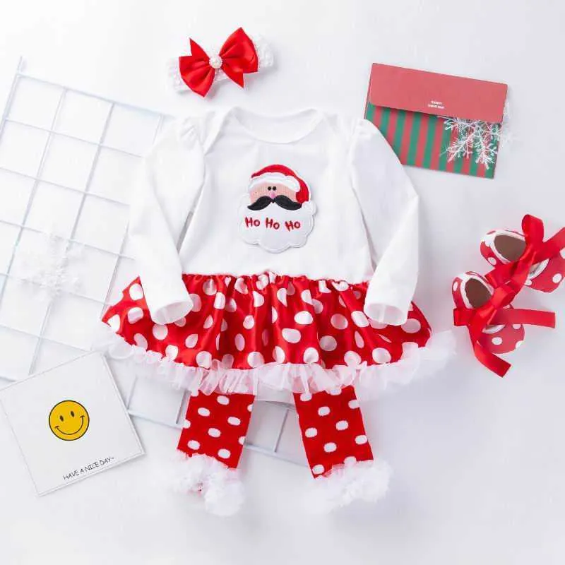 Baby Girl Christmas Sets Dress Bodysuit+Socks +Shoes+Headband Polka Dot Cotton Outfits born Clothes YK016 210610