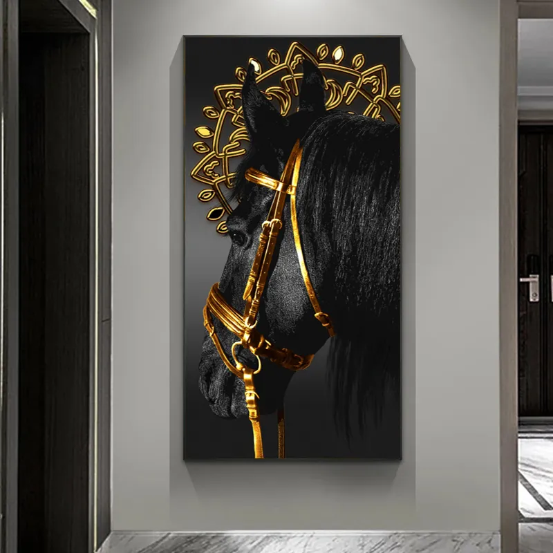 Affiche de cheval noir doré impressions sur toile d'animaux images d'art murales pour salon entrée peinture moderne décor à la maison Cuadros