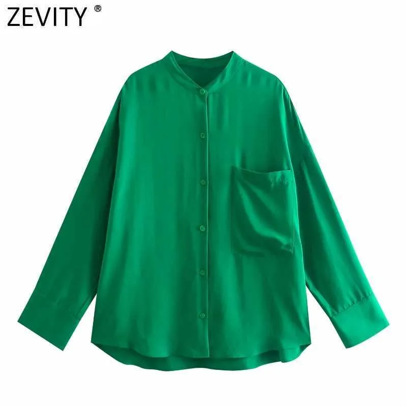 Zevity Femmes Simplement Collier Solide Vert Casual Kimono Chemise Femme Poche Patch Blouse Roupas Chic Blusas Tops LS9378 210603