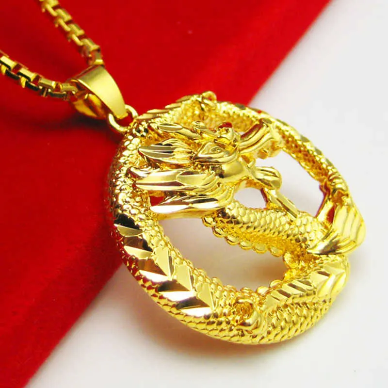 Pendentif Dragon plaqué 24 K exquis pour hommes et femmes, 11 qualité, fait à la main dans une boutique en or de Hong Kong, collier X0707275f