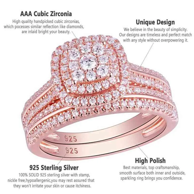 Rosa cor de ouro anéis de casamento para mulheres 925 anel de noivado de prata esterlina conjunto de noivas 1.6ct aaaaa zircão cúbico QR5712 211217