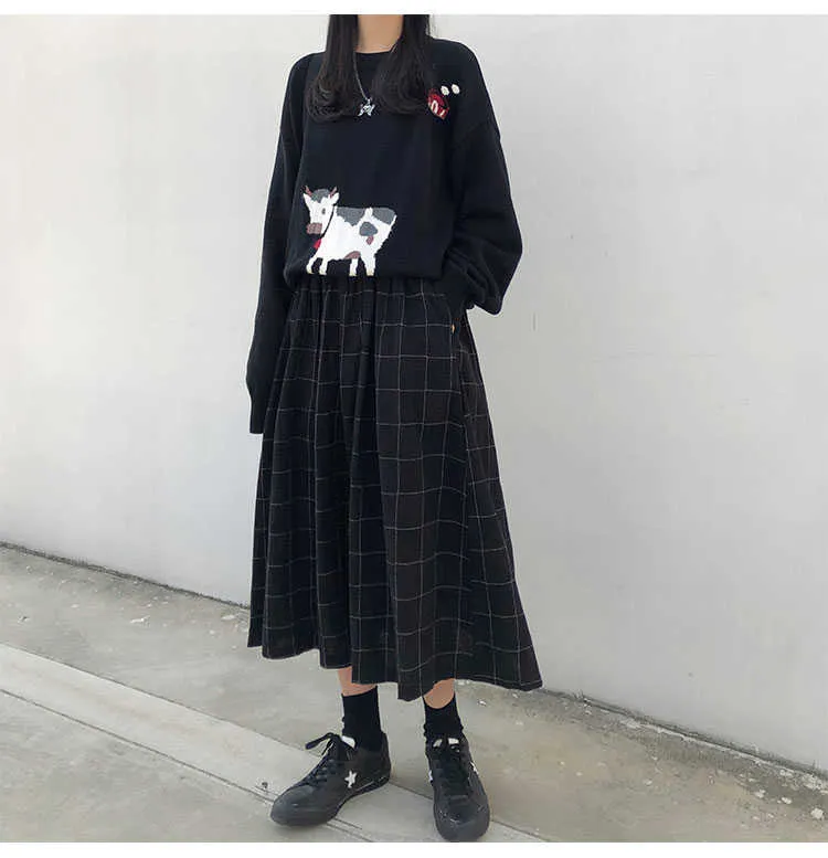 2 couleurs style japonais haute taille élastique jupes longues femme automne hiver plaid a-ligne jupes plissées X1078 210721