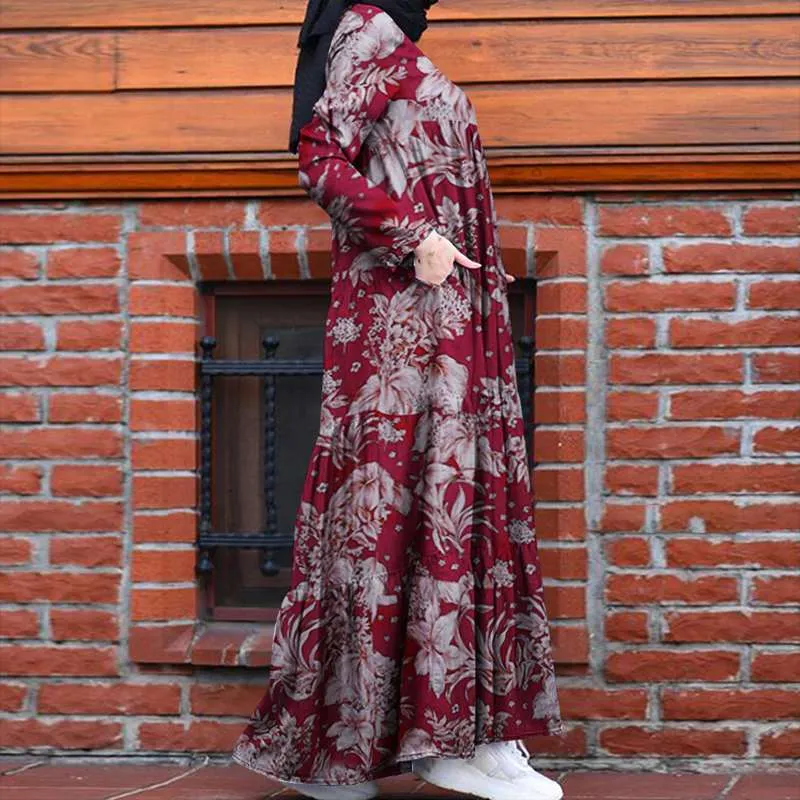 ZANZEA Retro Dubai Abaya Turkiet Hijab Klänning Dam Vintage Blommig tryckt Maxi Sundress Sommar Långärmad Kaftan Muslim Vestido X0521