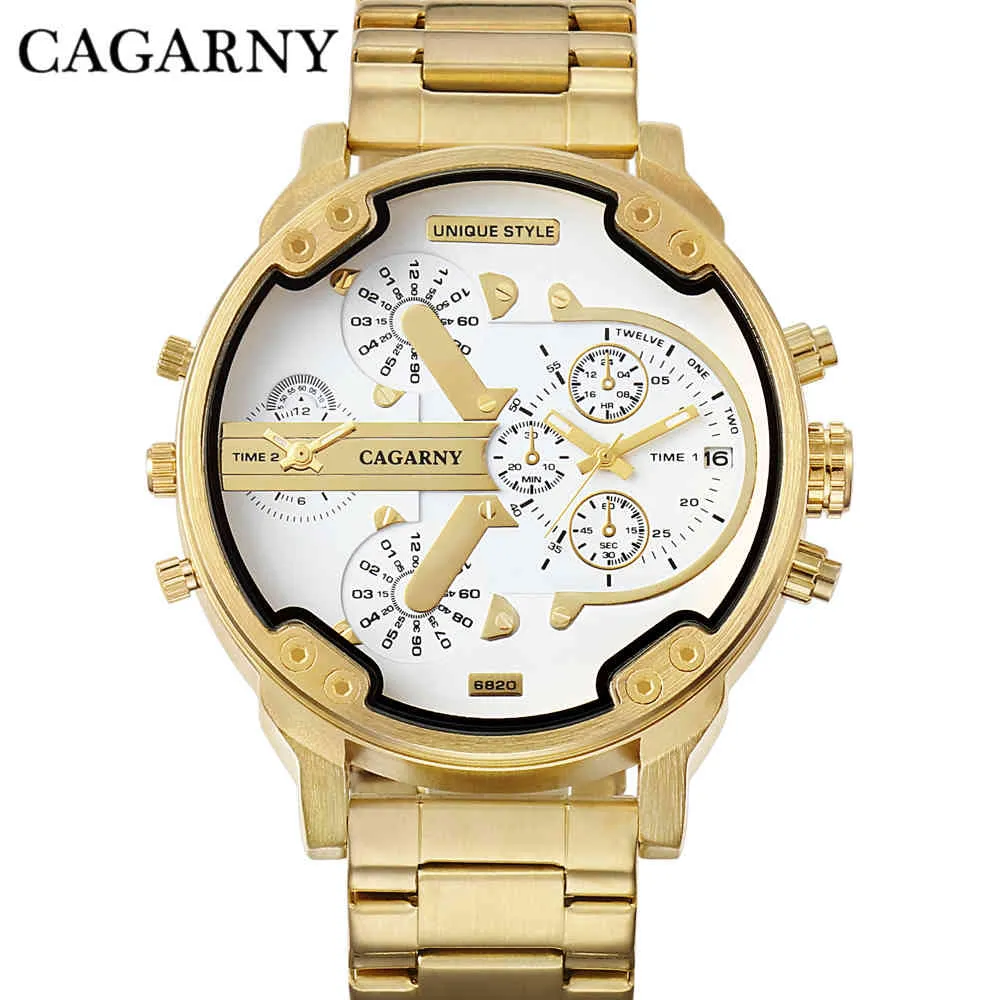 Cagarny Watches Men Fashion Quartz Wristwatches Cool Big Case Golden Steel Watchband Military Relogio Masculino  Style dz6820 (2)
