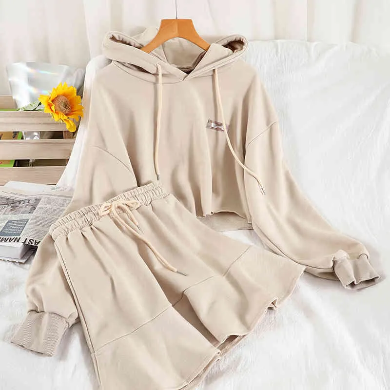 Kimutomo Casual Women Suit Spring Korean Chic Kapturem Luźne Krótkie Bluzy i Elastyczna Wysoka Talia Solidna spódnica Dwuczęściowy zestaw 210521