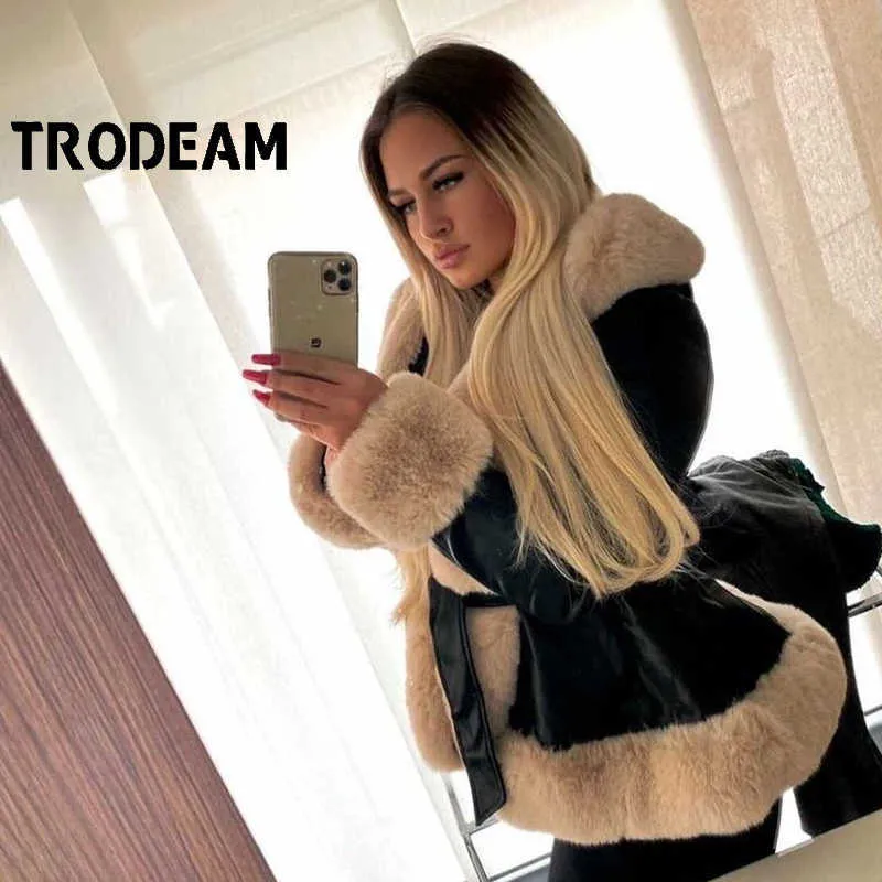 TRODEAM Women's Winter Leather Jacket Stitching Faux päls krage manschettbeläggningsbälte smal elegant varm tjock överrock kvinnlig 210916