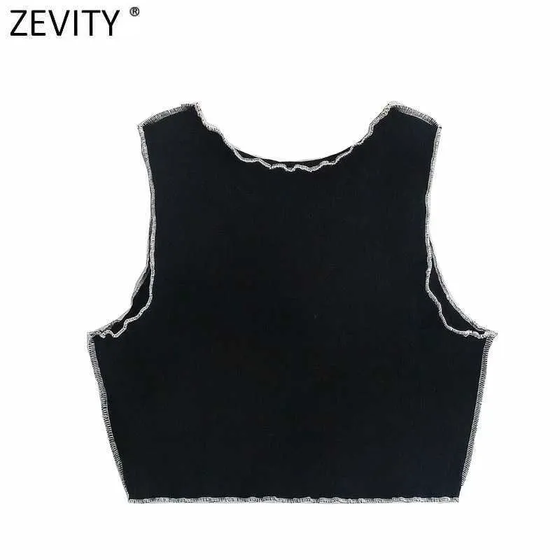 Zevity Women O Neck Bez Rękawów Chic Camis Cysterna Ladies Reverse Lane Design Kamizelka Slim T-shirt Casual Crop Tops LS9176 210603