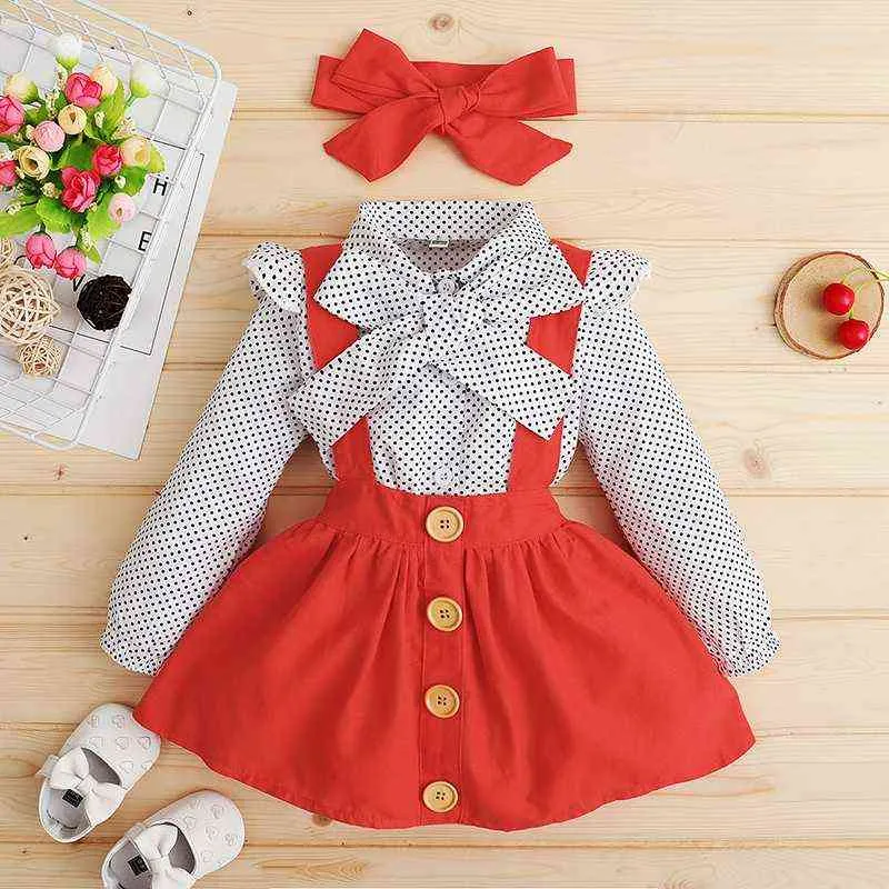 Baywell Toddler Girls Одежда для одежды Весна осень с длинным рукавом в горошек Top + твердое цветовое подвеска юбка для волос 211224