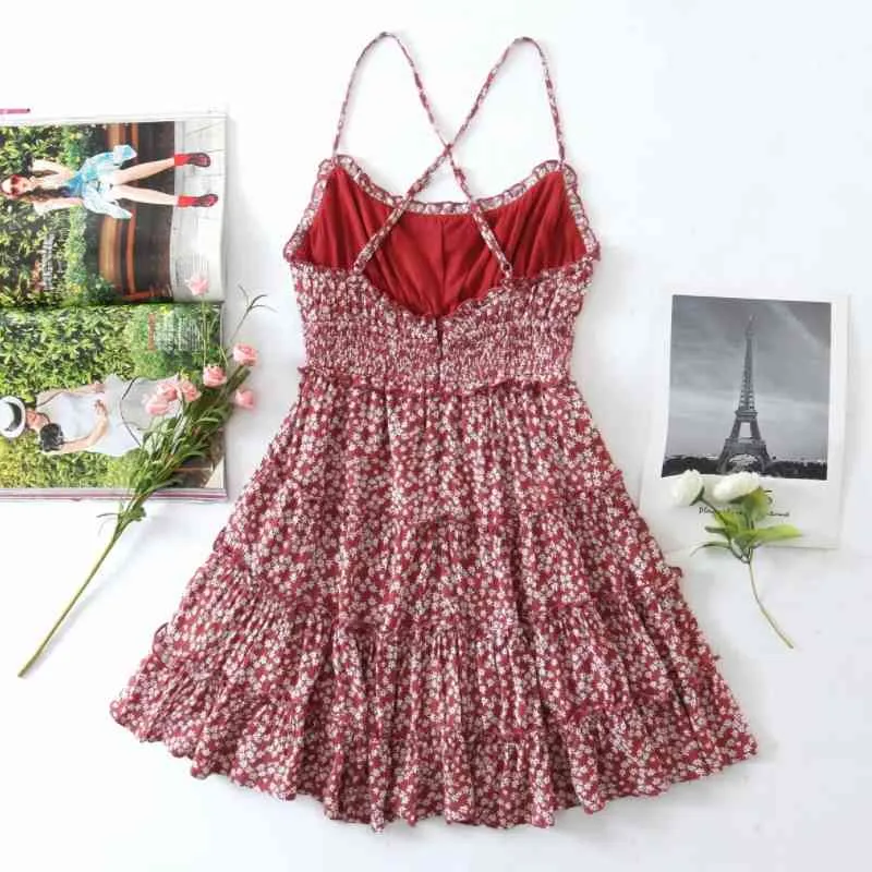 Summer Women Flower Printing Backless Suspender Mini Dress Female Tiered Ruffle Clothes Casual Lady Loose Vestido D7386 210430