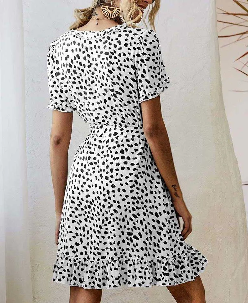 Leopardo vintage impresso mulheres vestidos sexy v-pescoço curto luva babados vestido feminino boêmio com cinto mais tamanho w526 210526