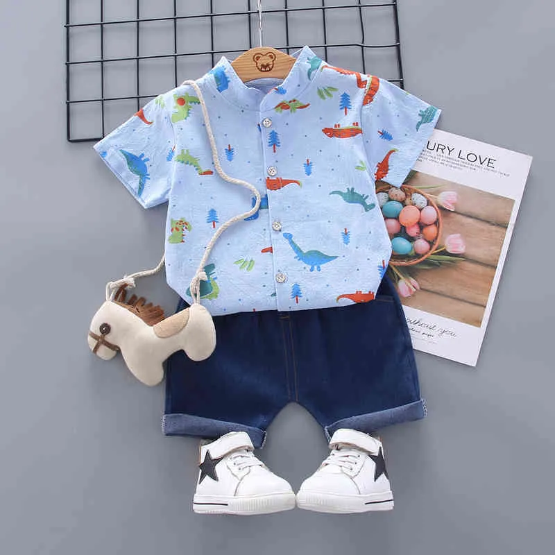 Летняя детская одежда для мальчиков, рубашка с принтом динозавра для мальчиков, топы, джинсовые шорты, одежда для новорожденных мальчиков 1, 2, 3, 4 лет 2103222052918