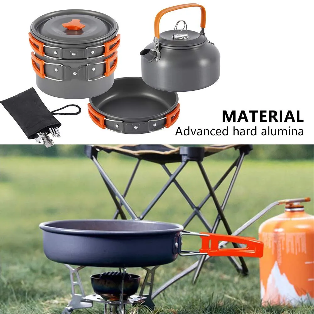 Camping Köksartiklar Utomhus Aluminium Matlagningssats Vattenkokare Pan Pott Resa Vandring Picnic BBQ Poorware Equipment FT136