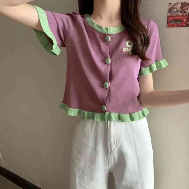 Свободные и тонкие короткие с короткими рукавами вязаный свитер вышитый кардиган топовый летний корейский мода женская одежда 210520