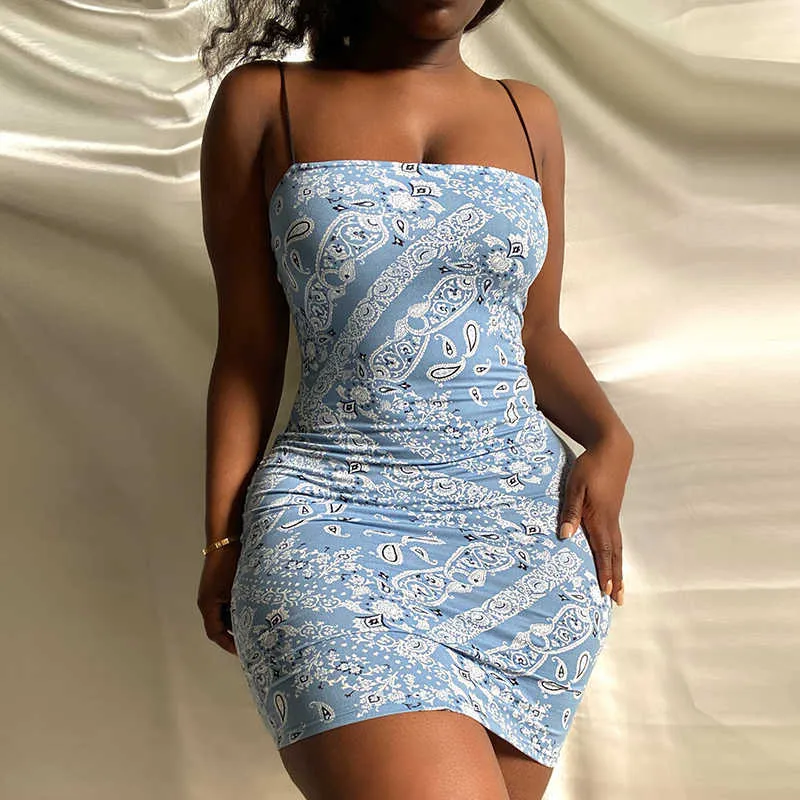 Spaghetti Strap Paisley Bodycon Sling Abiti Midnight Clubwear le donne Moda Estate Pacchetto Hip Mini Short Sundress Abiti Y1006