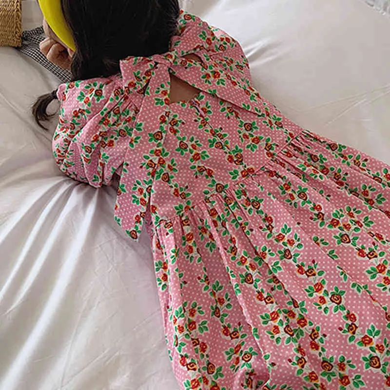 Summer Halter Bowknot Girls Dress Short-sleeved Children Floral 3-7 Years Old Printed Children's Clothes 210515