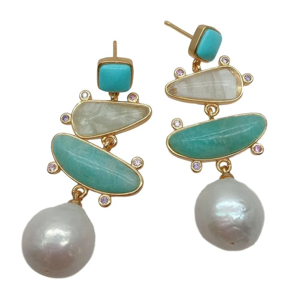 Yygem Natural Geometric Turquoise ite prehnite White Pearl Stud Earrings gold forild office 스타일 2428451