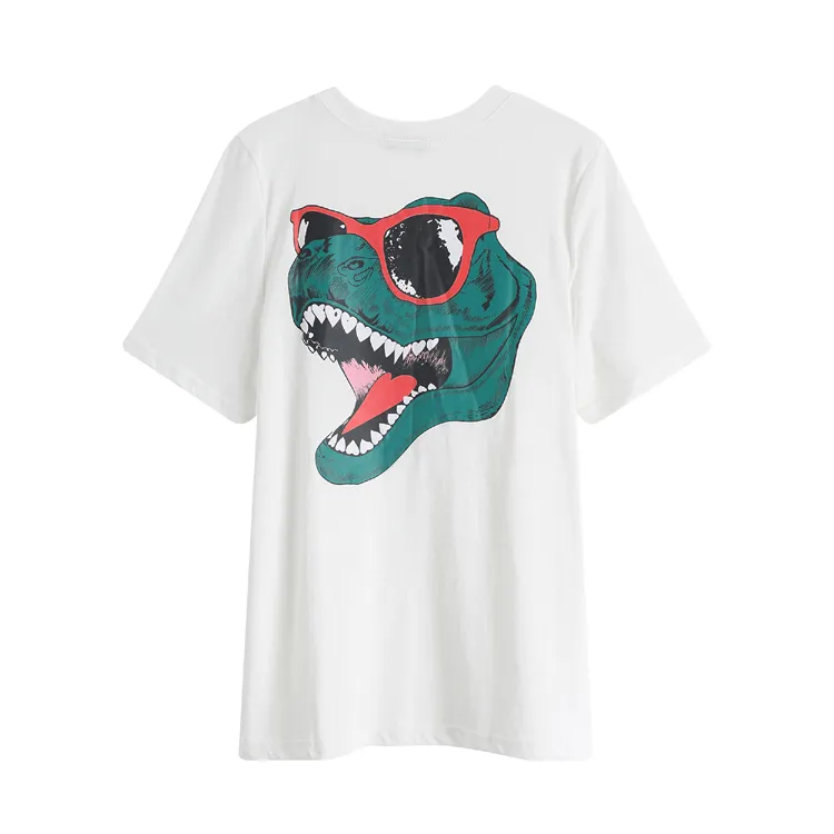 Dinosaurbrev Skriv ut Kvinnor Toppar Sommar Kortärmad O-Neck Vintage Fashion Loose Tees T-shirts Femme 210513