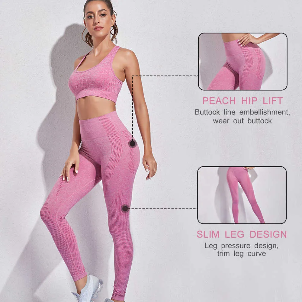 Vital Seamless Yoga Set 2-Piece Bras + Leggings sans couture Push Up Pants Exercice Rembourré Workout Running Suit Sportswear Athletic 210802