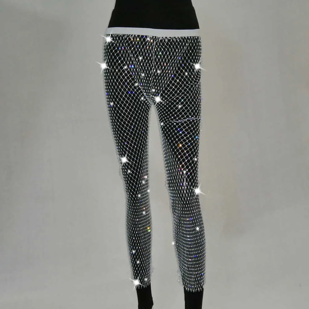 Elloce Diamond Fishnet Spodnie Damskie Seksowne 2020 Lato Hollow Out Transparent Loose Long Club Spodnie Diamante Patrz Spodnie X0629
