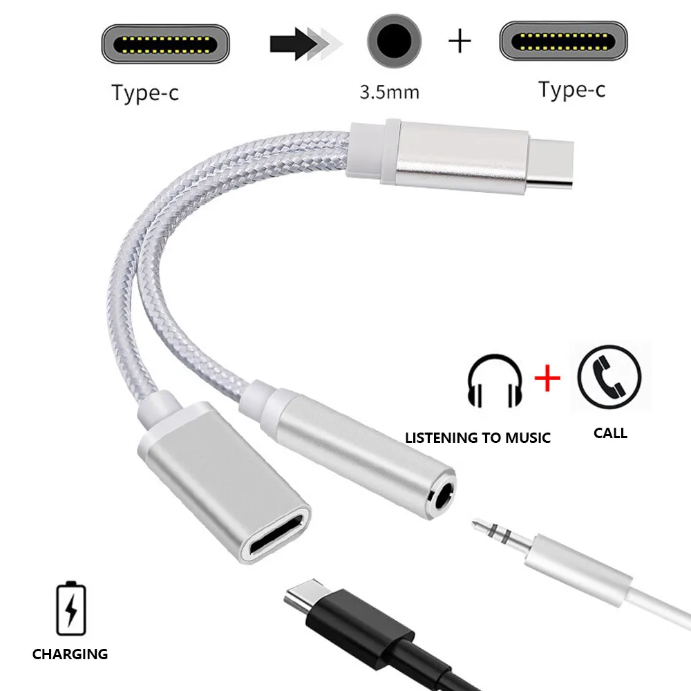 Adattatore convertitore splitter audio jack USB tipo C da 3,5 mm a USB 2 in1 + cavo di ricarica Samsung S20 S10 HTC LG