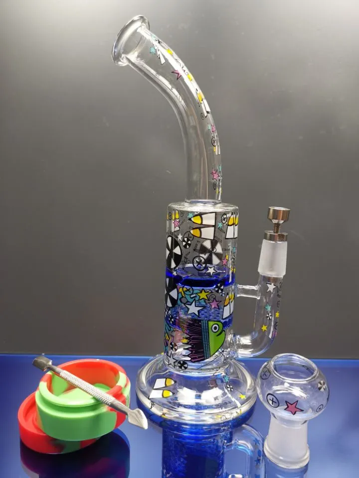 Glass bong with color sticker honeycomb turbine perc glass water pipe dab rig with titanium nail 18.8 mm joint cheechshop