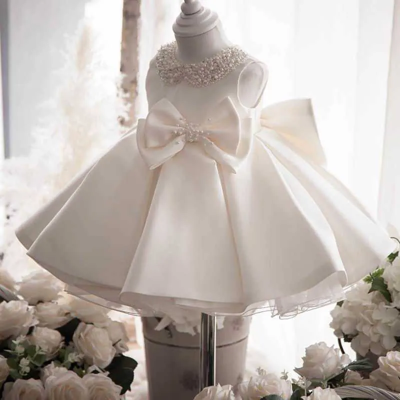 Flower Girl Princess Dress Baby Fluffy Tiul Wedding Frezowanie Kołnierzyk Pierwsze Urodziny Wieczór E20003 210610