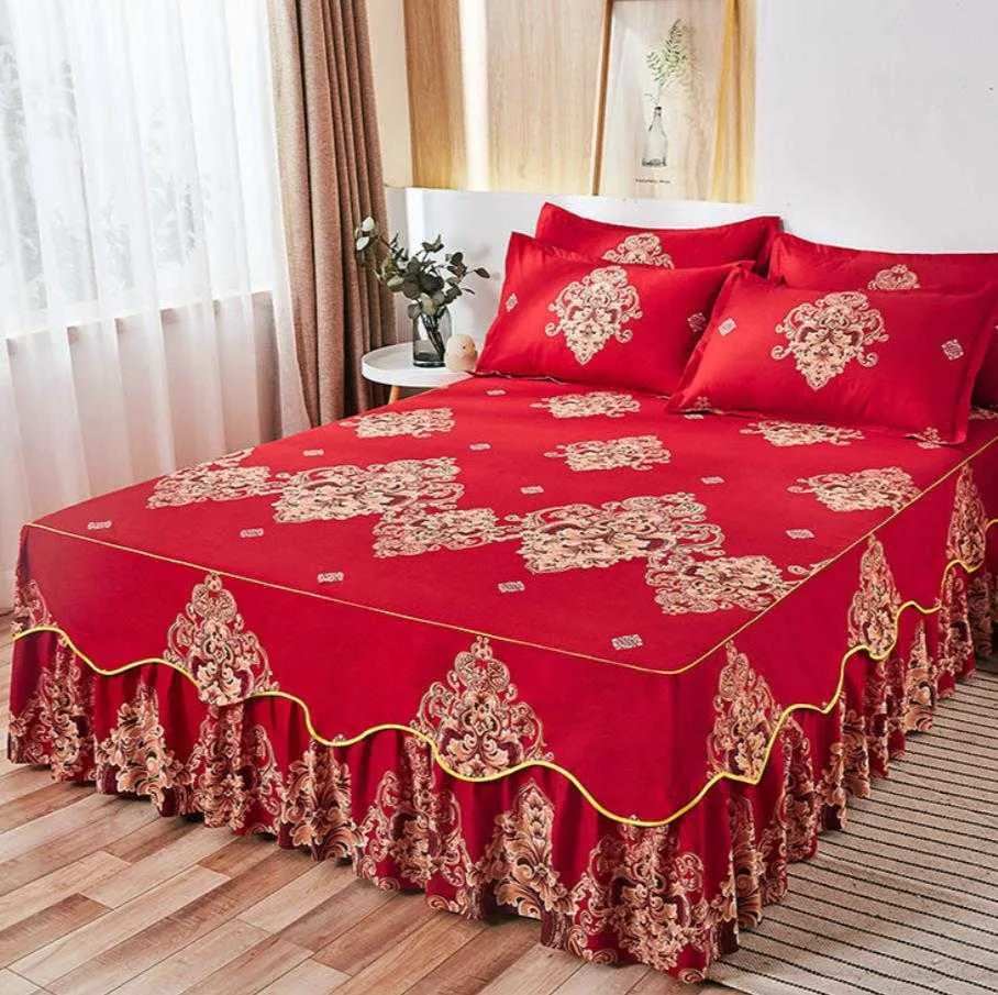 Jupe de lit taies d'oreiller rose princesse literie drap de lit corée couvre-lits lin pour filles housse de matelas avec taie d'oreiller F0173 210706