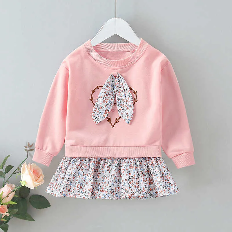 Filles douces robes printemps enfants dessin animé lapin oreille Patchwork Vestidos automne bébé fille mignon décontracté Style coréen vêtements Q0716