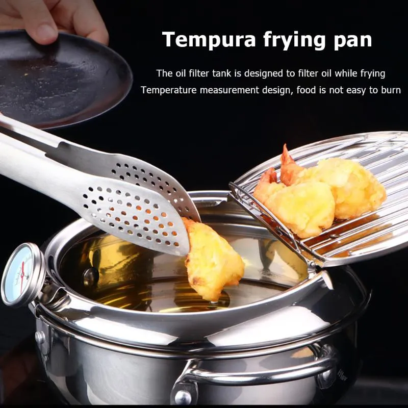 Pans Japanese Tempura Deep Frying Pot With Lid Stainless Steel Kitchen Fryer Pan Cookware 20cm 24cm259h