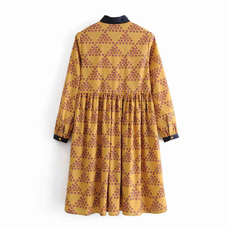 Spring Korean Yellow Polka Dot Dress Women Contrast Tie Pleated Woman Fashion Out Going Ladies es Long Sleeve 210430