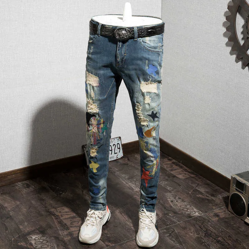 Jesień Mężczyźni Nowy Skinny Patchwork Dżinsy Rozmiar 28 36 Rowerzysta Outwear Spodnie Dżinsy Hombre X0621