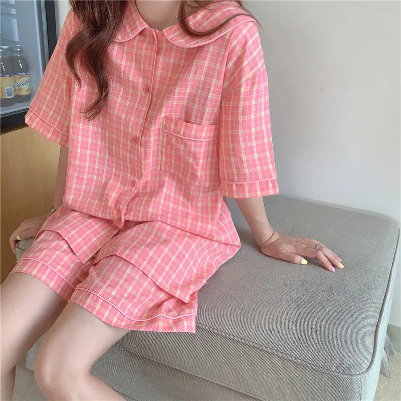 Geometric Chic Plaid Women Girls Sleepwear Cute Korean All Match Loose Sweet Homewear Summer Pajamas Sets 210525