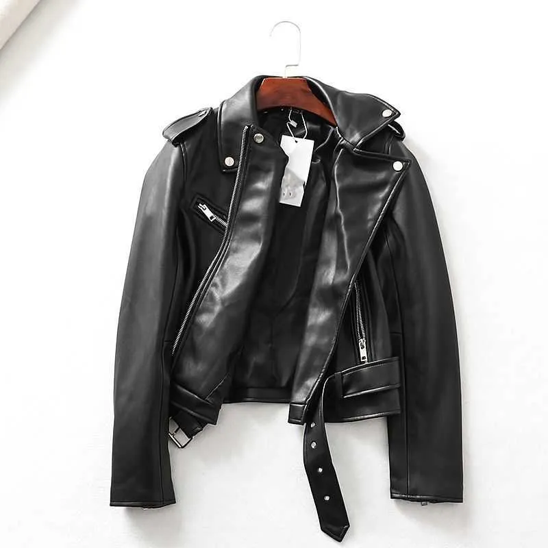 Streetwear Faux Leather Jacket Women Black Biker Moto Short Coat Ladies Spring Autumn Zipper with Belt Jackets 210525