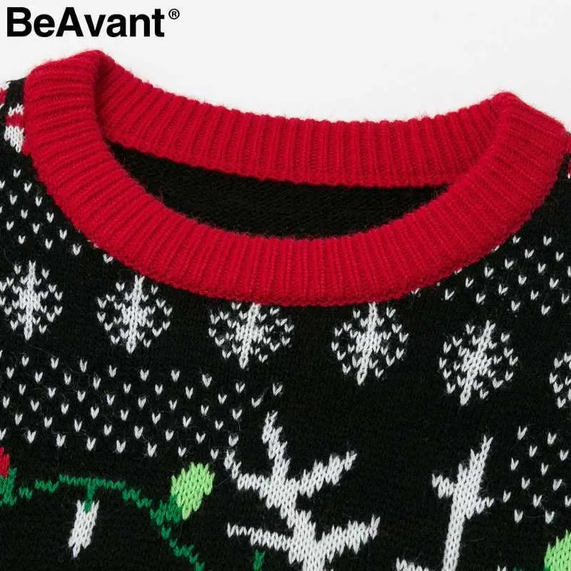 BeAvant O-neck men women christmas sweater Black all matched pullover Winter santa claus Xmas tree reindeer patterned jumper 210709