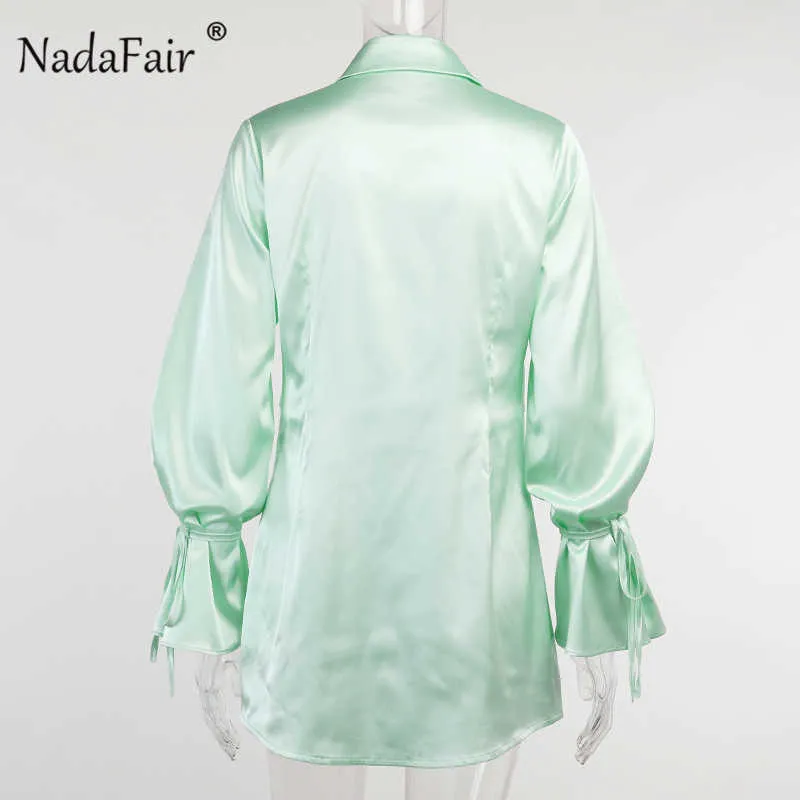 Nadafair Satin Party Dress Elegance Women 2021 Low V Neck Bow Tied Sexy Silk Shirt Dress Tunic Autumn Long Sleeve Mini Dress Y1006