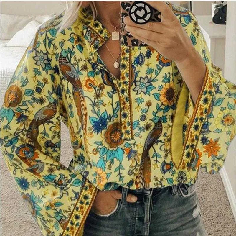 Boho Bluse Blumendruck Laternenärmel Hemd Sexy Schnürquaste O-Ausschnitt Frauen Tops Frühling Sommer Chic Blusen 5XL 210721