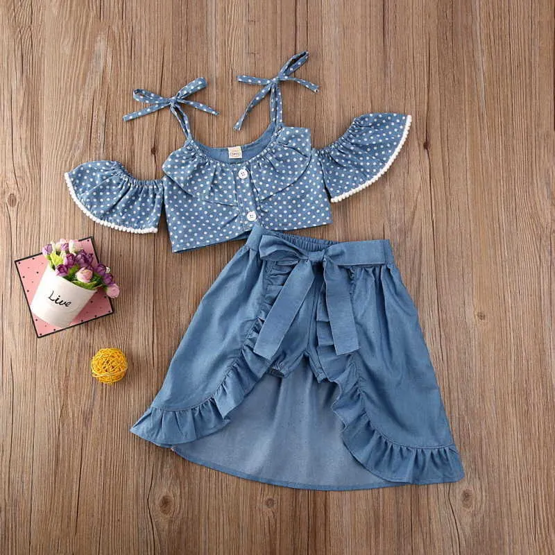 Wholesale Summer Baby Girl Suit Dot Suspender Top Denim Shorts Skirt Three piece Set Children Clothes E21148 210610