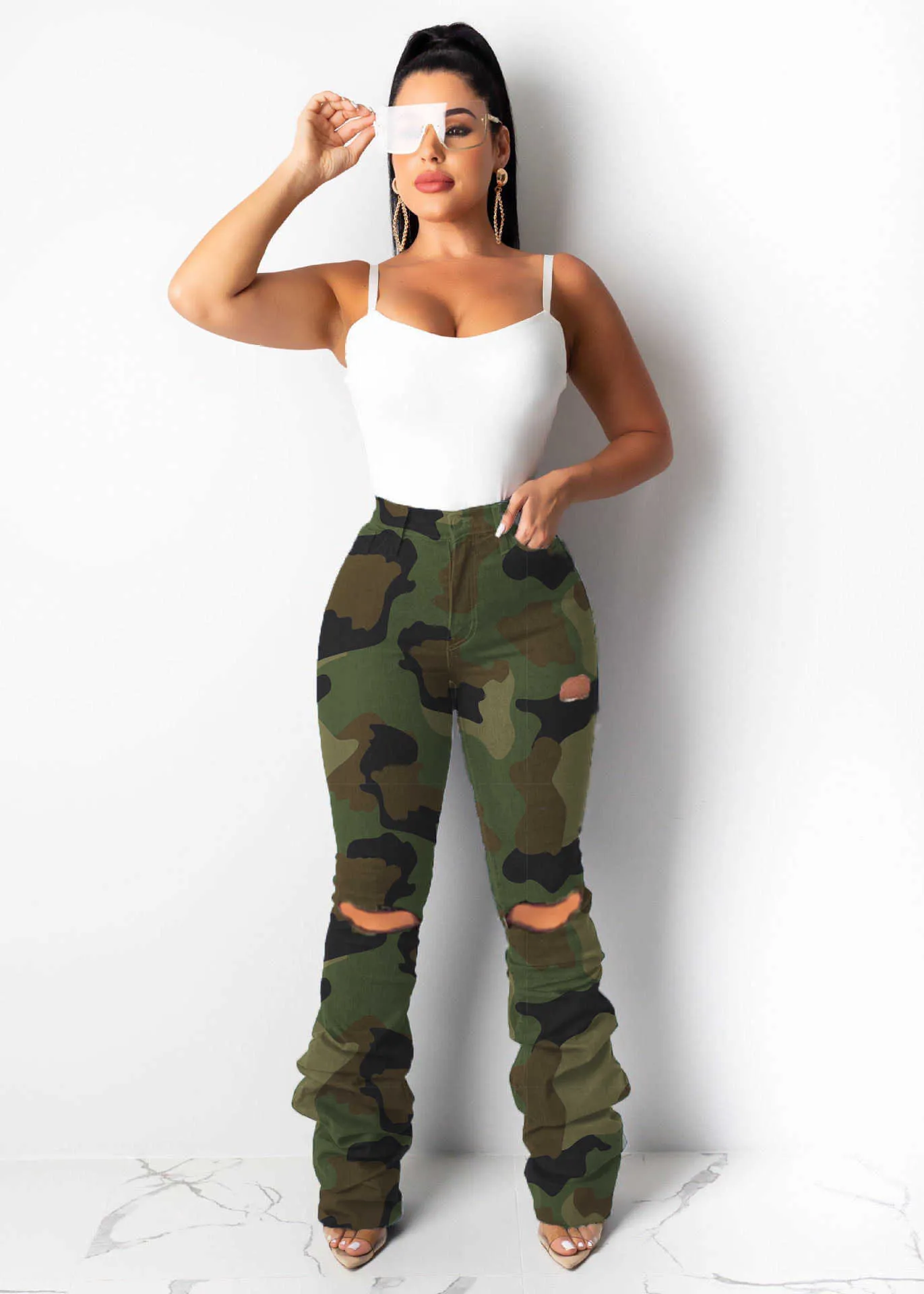 Sale Streetwear Women High Waist Hole Stacked Pants for Casual Skinny Green Camouflage Trouses Plus Size Broeken Dames 210604