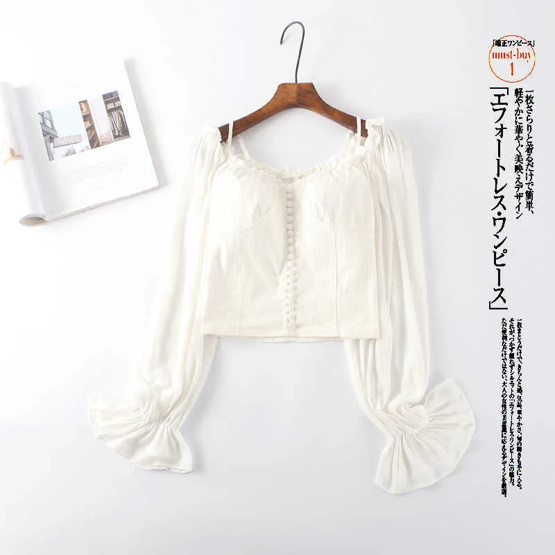 WOMENGAGA Spring French Korean White Front Top Exposed Clavicle Heart Machine Long Sleeve Short Shirt Blouse F8V 210603