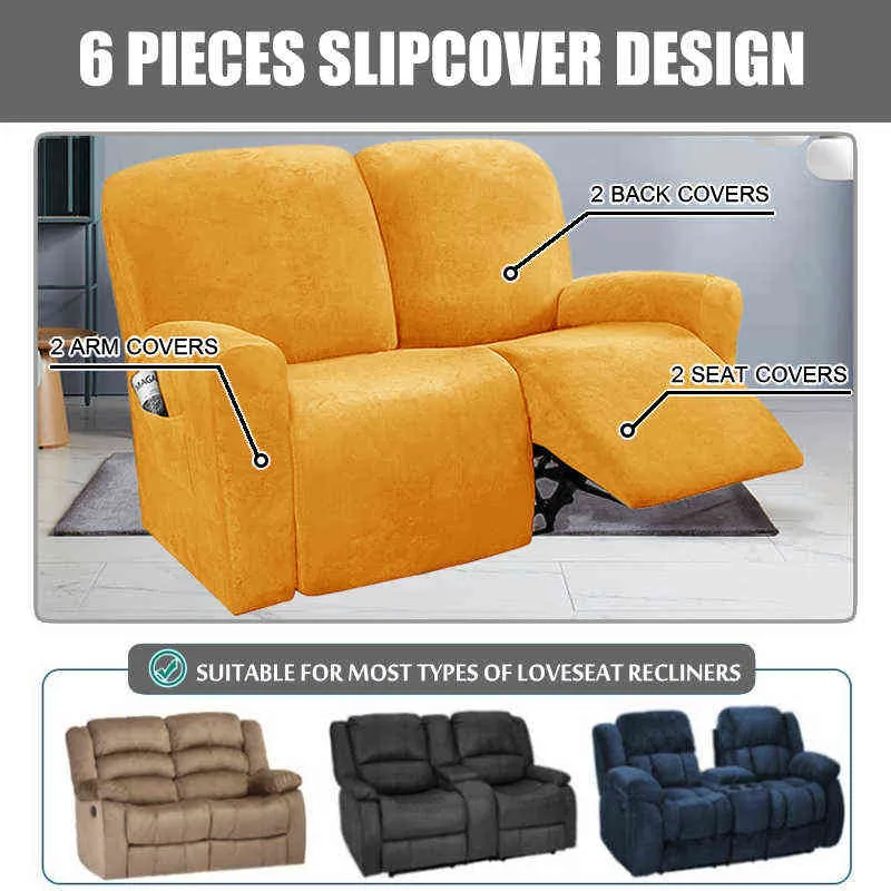 1 2 Seater Velvet Recliner Cover Stretch Lounger Sofa Chair Slipcovers for Living Room Couch Covers Furniture Protector Elastic 211207