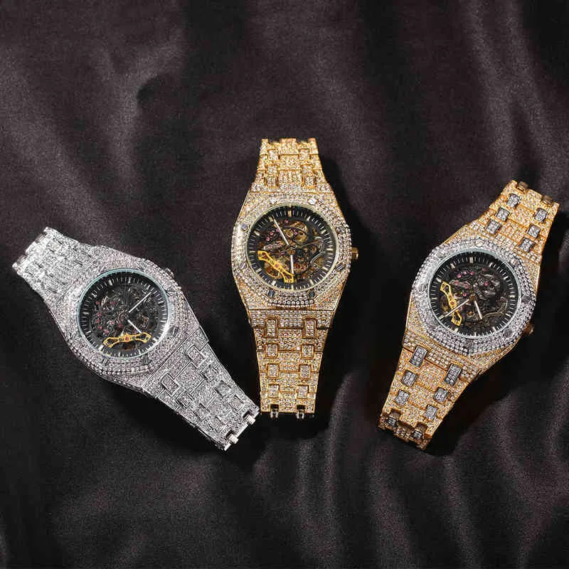 Нарученные часы хип -хоп полной льда, мужчина, часы, смотрит на нержавеющую сталь механические роскошные стразы Кварц -сквер бизнеса 221230260