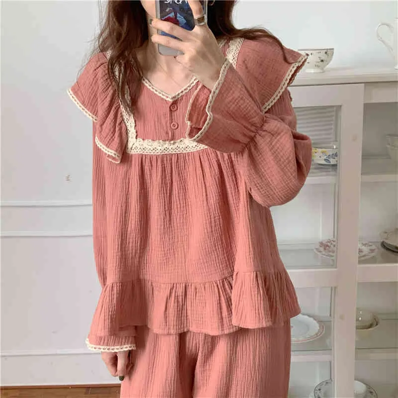 Roze homewear katoenen mode nachtkleding losse casual alle match zoete zachte chique tweedelige pak pyjama sets 210525
