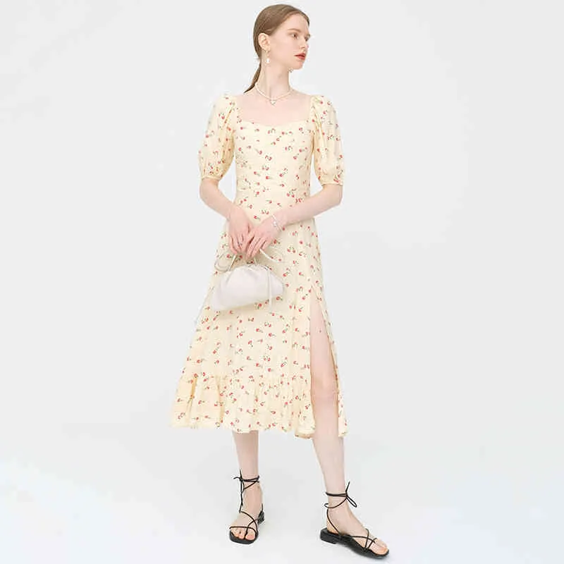 [EAM] Kobiety Beżowy Wzór Drukowane Szczur Długa Dress Square Collar Krótki Rękaw Loose Fit Fashion Spring Summer 1DD89700 21512
